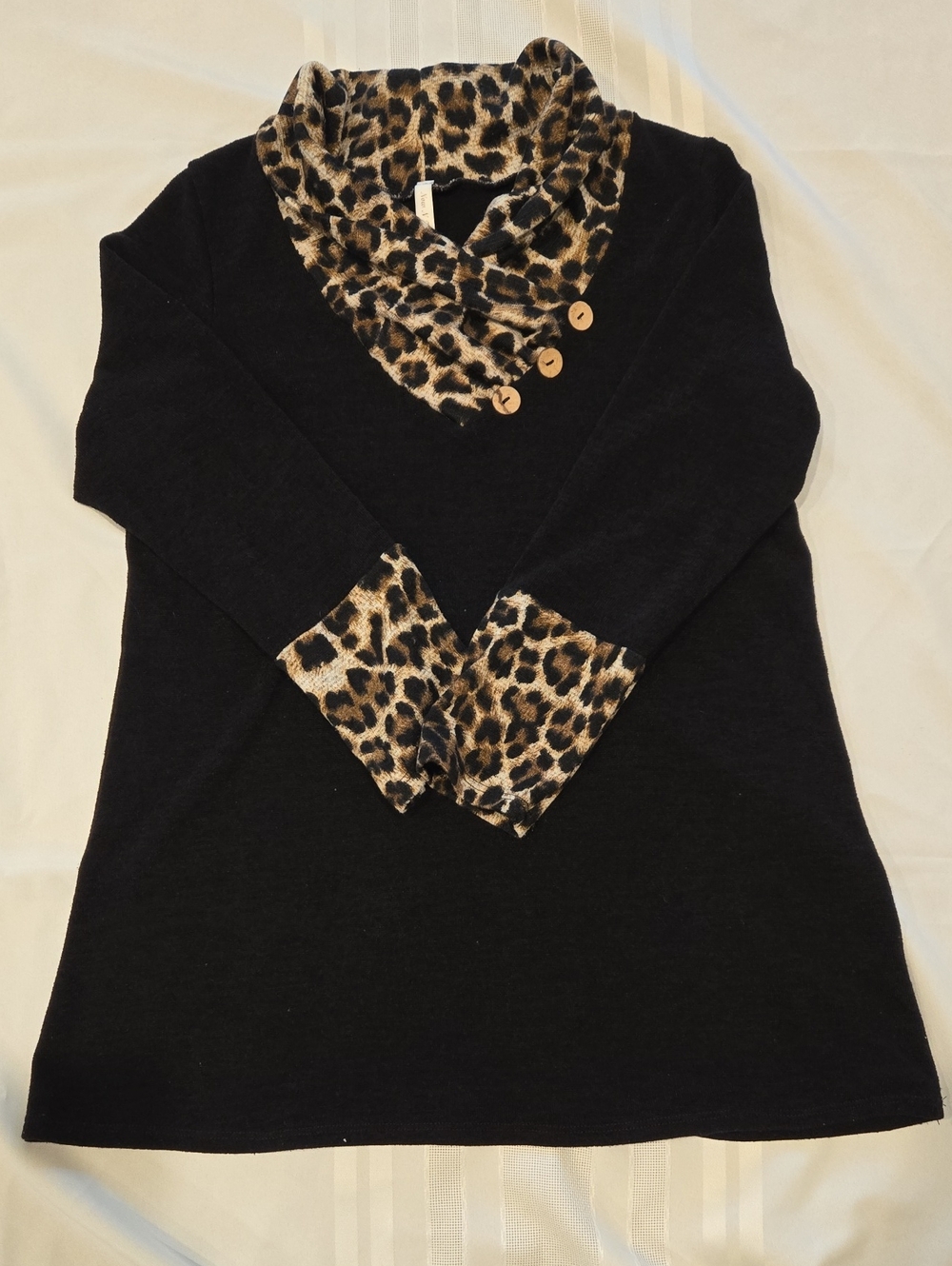 Now N Forever Leopard Trim Black LightwrightSweater with Button Accent Cowl Neck